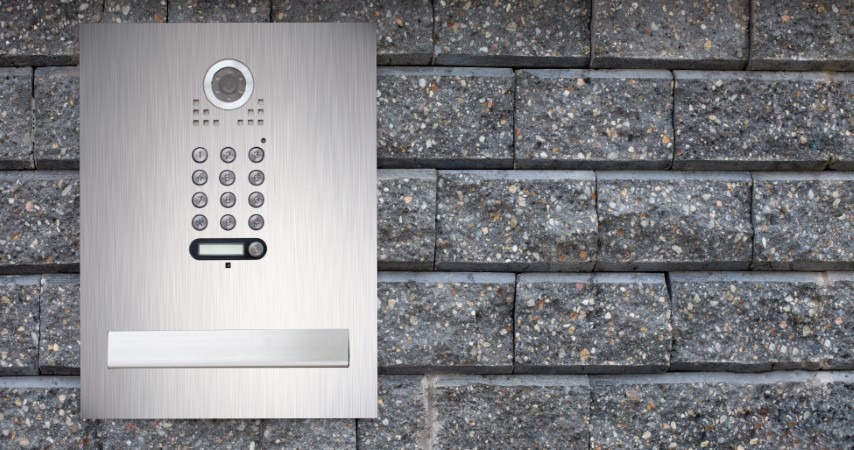 Modern,Intercom,Access,To,Building,,Gray,Stone,Walls.